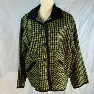 I.B. Diffusion Vintage Jacket Black/Lime Green Tweed Knit Black Collar & Trim S👍